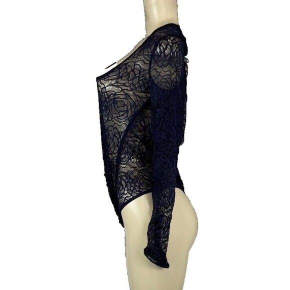 Free People L Navy Blue Sheer Lace Scoop Neck Long Sleeve In My Head Bodysuit - Picture 5 of 6